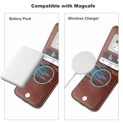 KIHUWEY for iPhone 16 Pro Wallet Case Card Holder for MagSafe, Brown | Wireless Charging, RFID, Flip PU Leather, Magnetic Clasp, Kickstand, Heavy Duty Protective Cover - color: Magsafe for Brown