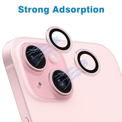 Compatible with iPhone 15 and 15 Plus Camera Lens Protector, Anti-Scratch Lens Cover 9H Tempered Glass Metal Camera Screen Protector Shockproof Camera Ring for iPhone 15 and 15 Plus - 2 Pcs Pink - color: Pink