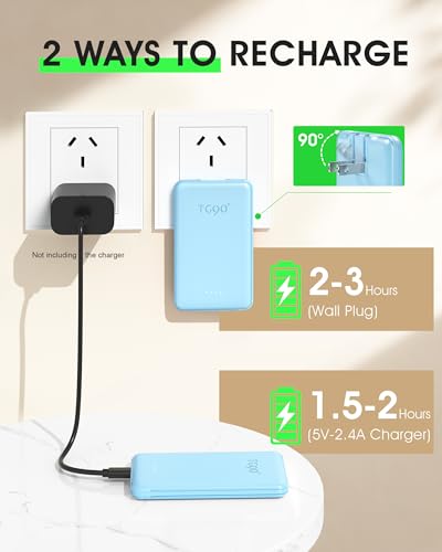 TG90° 5000mah Ultra Slim Power Bank Built-in AC Plug & 2 Cables,Blue - color: Blue