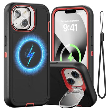 Follaroma for iPhone 13 Case with Stand & Built-in Camera Cover, MagSafe Compatible, Heavy-Duty Shockproof Protection, Magnetic & Rugged Phone Cover for iPhone 13 6.1'', Black-red - color: Black-red