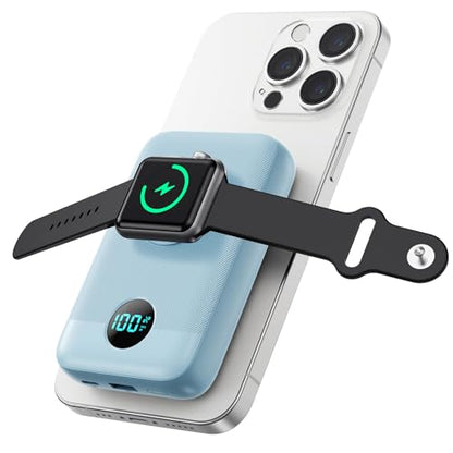 GKUTW Magnetic Portable Charger for iPhone and Apple Watch, 10800mAh 25W PD Fast Charging Power Bank, Dual-Side Magnet Design Travel Essentials Battery Pack for iPhone 17/16/15/14/13/12 (Sky Blue) - color: Sky Blue