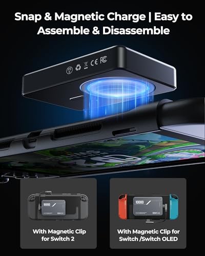Antank B5 Magnetic Power Bank 10000mAh for Nintendo Switch 2 2025, 30W PD Fast Charging Portable Battery Pack for Switch/OLED/iPhone 12-17, 3.5-8H Extended Playtime, 2 Removable Clips & 2 USB-C Cables