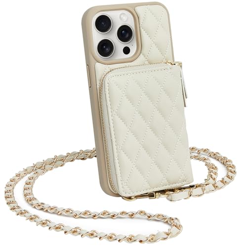 LAMEEKU Wallet Case Compatible with iPhone 13 Pro Max, Crossbody Quilted Leather Card Holder with Chain Strap Protective Bumper Cover for iPhone 13 Pro Max, 6.7 Inch-Beige - color: Beige-01, size: iPhone 13 Pro Max-6.7"