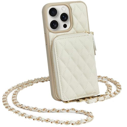 LAMEEKU Wallet Case Compatible with iPhone 13 Pro Max, Crossbody Quilted Leather Card Holder with Chain Strap Protective Bumper Cover for iPhone 13 Pro Max, 6.7 Inch-Beige - color: Beige-01, size: iPhone 13 Pro Max-6.7"