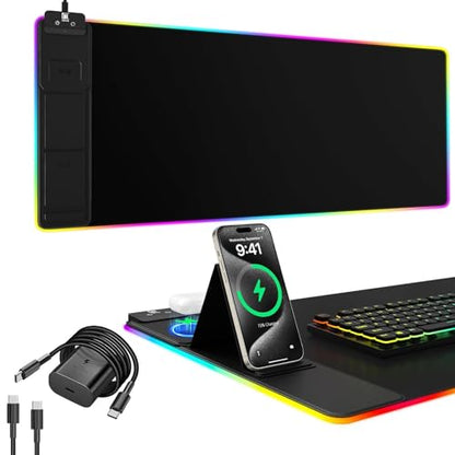 Wireless Charging RGB Mouse Pad with Phone Stand, Large Gaming Desk Mat - color: Black - 31.5x15.8" Phone Stand with PD Adapter