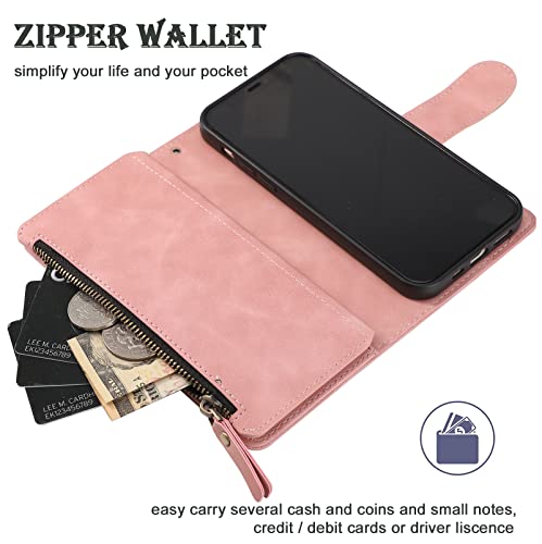 RANYOK Wallet Case Compatible with iPhone 13/14 (6.1 inch), Premium PU Leather Zipper Flip Folio Wallet RFID Blocking with Wrist Strap Magnetic Closure Built-in Kickstand Protective Case (Pink) - color: Pink