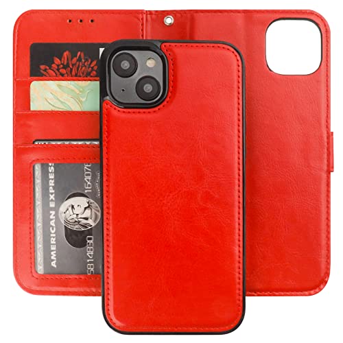 Bocasal Detachable Wallet Case Card Holder for iPhone 14 Plus, Red | RFID Blocking Kickstand Card Slots Holder PU Leather Magnetic Shockproof Wrist Strap Removable Flip Protective Cover 6.7 inch - color: Red