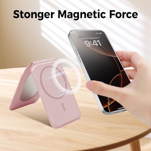 for MagSafe Wallet with Mirror, 4 Card Holder RFID Blocking Stand - color: Pink
