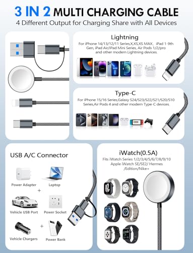 1Pack Travel Essentials for Apple Watch Charger,3-in-2 Multi Charging Cable - color: Black, size: 1Pack-5 FT