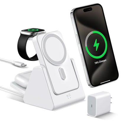 Smtcsl 3-in-1 Wireless Charging Station: Portable 5000mAh Power Bank Charger Compatible for Phone Air/17/16/15/14/13/12 Series and Watch - Detachable Magnetic Charging Stand White