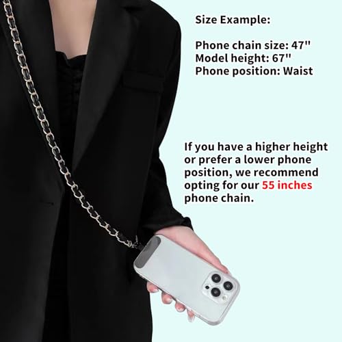 2PCS Cell Phone Chain Crossbody,Phone Lanyard,47.2" Metal Chain with Leather Strap for IPhone Case - color: Black-47inch