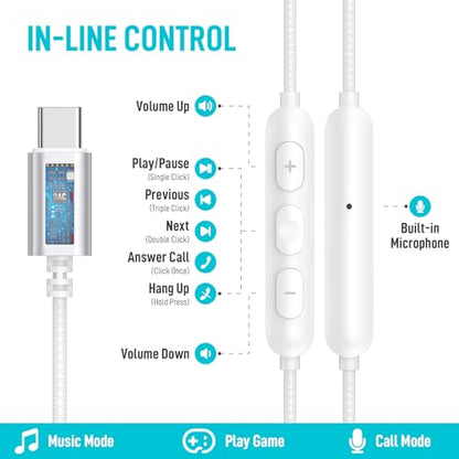 USB C Headphones Over Ear Hook for iPhone 17 16 15 18 Pro Max Duo Plus - color: White
