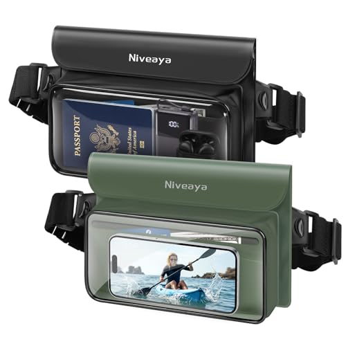 Niveaya IPX8 Floating Waterproof Fanny Pack Holds Phone, Passport & Cash | Large Capacity Touch Screen Adjustable Waist Strap for Kayaking, Paddle Boarding, Waterpark & Swimming Essentials - color: Black&Army Green