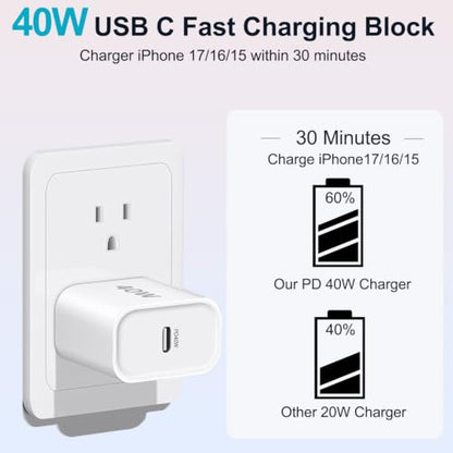 iPhone 17/16/15 Charger Fast Charging 3Pack 40W USB C Charger Fast Charging - size: 10FT