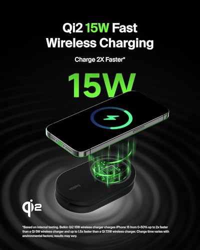 Belkin Qi2 15W Magnetic Wireless Charger, 2 in 1 Foldable, Non-Slip - color: Black