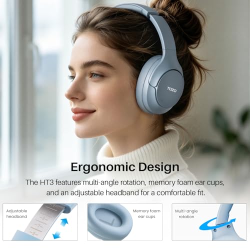 TOZO HT3 Hybrid Noise Cancelling Wireless Headphones, 90H Over Ear Headset - color: Titanium Blue
