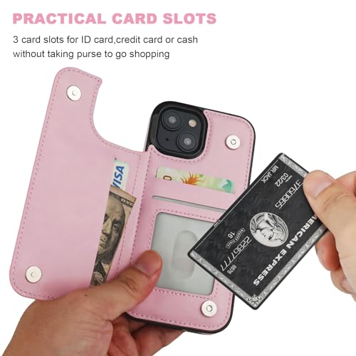 ONETOP for iPhone 15 Wallet Case with Credit Card Holder,Pink | Kickstand,ID/Cash Holder,Case Wallet with Card Slots,Double Magnetic Clasp,Durable PU Leather Shockproof Cover for Women Men - color: Pink