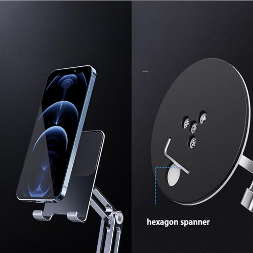 Cell Phone & Tablet Stand for Desk, Adjustable 360° Swivel Aluminum Alloy Desktop Phone Holder with 360-degree Rotating Base and Dual Axis Adjustment for 4"-13" Phone and Tablet - color: L08-Silver