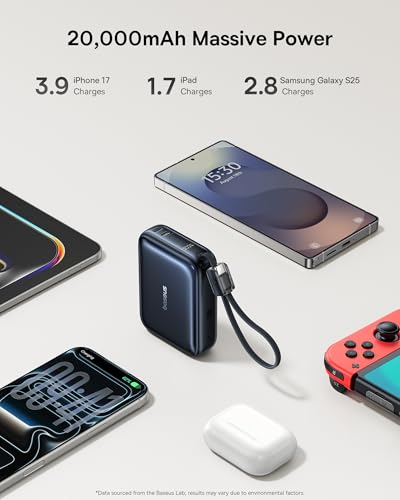 Baseus PicoGo AC22 Mini Power Bank, 20000mAh 45W PD Portable Charger Built-in USB-C Cable, Travel Essential Compact Battery Pack, Fast Charging for iPhone Duo/18/17/16/15 Samsung S26/S25 Pixel 11 iPad - color: Midnight Black