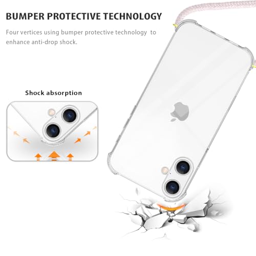 Clear Case for iPhone 16 Adjustable Lanyard Neck Strap for Women Soft TPU Rubber Bumper Case Cover Transparent Slim Shockproof Protective Phone Case for iPhone 16 - Rose Gold - size: for iPhone 16