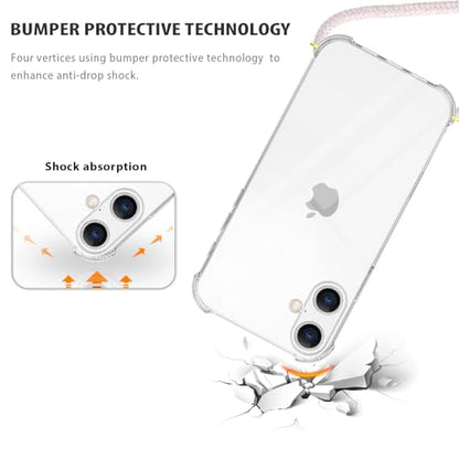 Clear Case for iPhone 16 Adjustable Lanyard Neck Strap for Women Soft TPU Rubber Bumper Case Cover Transparent Slim Shockproof Protective Phone Case for iPhone 16 - Rose Gold - size: for iPhone 16
