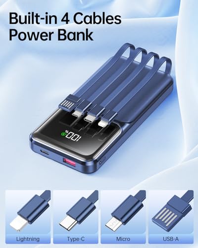 RONEGN Portable Charger with Built in Cable 20000mAh Fast Charging - color: Blue