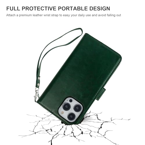 Bocasal Detachable Wallet Case Card Holder for iPhone 15 Pro, Green | RFID Blocking Kickstand Card Slots Holder PU Leather Magnetic Shockproof Wrist Strap Removable Flip Protective Cover 6.1 inch - color: Green