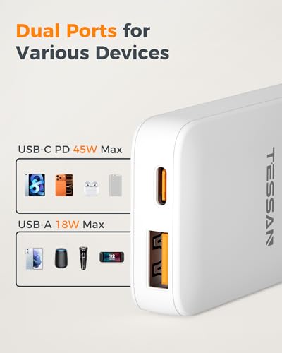 USB C Flat Wall Charger PD 65W, TESSAN Flat Fast Phone Charger Foldable - size: USB-A & USB-C, PD 65 W