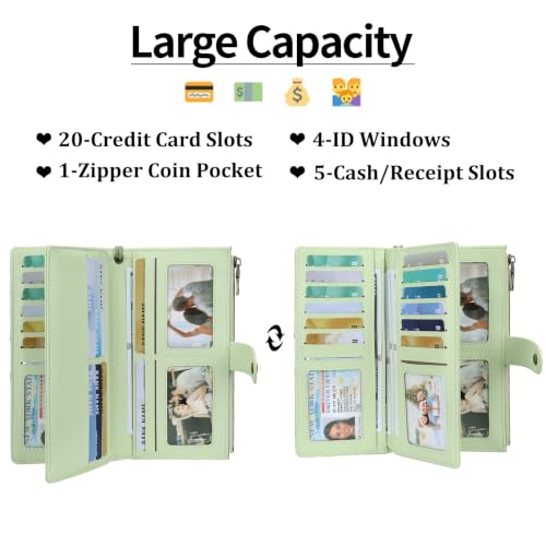 GAEKEAO Wallets for Women Leather RFID Blocking Large Capacity Card Case Ladies Wristlet Clutch Wallets Zipper Pocket with 4 ID Windows 21 Card Slots - color: Green