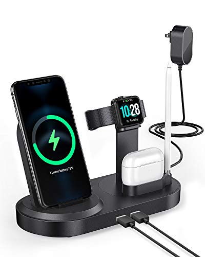 4 in 1 Wireless Charging Station, Fast Charging Dock Stand with 2 USB Ports for Apple Watch, AirPods, Cell Phones, Wireless Charger Compatible with iPhone 12/13/14/15/16 (Gary)