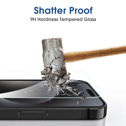 amFilm OneTouch 2+6 Pack Compatible with iPhone 15 Pro Screen Protector 6.1" Tempered Glass with Camera Lens Protector Accessories, Premium Easiest Installation Kit 9H HD, Case Friendly - size: 15P-6.1“ (Pack of 3)