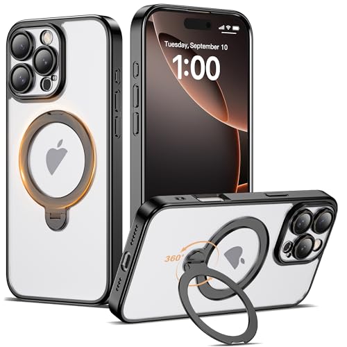 Compatible with iPhone 16 Pro Max Case with 360° Spin Magnetic Ring Stand [Compatible with Mag-Safe] Full Camera Lens Protector Plating Clear Phone Case for iPhone 16 Pro Max 6.9", Black - color: Black, size: Iphone 16 Pro Max