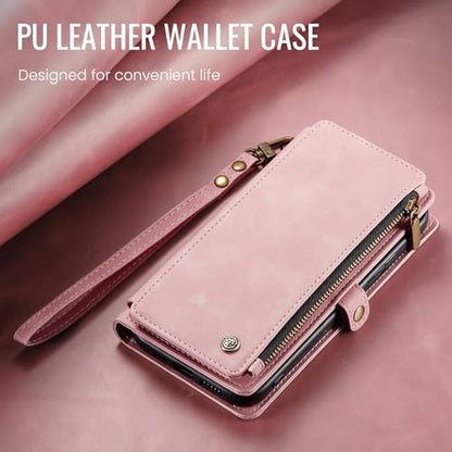 Defencase for Samsung Galaxy S25 Wallet Case with RFID Card Holder, Pink | Durable Soft PU Leather, with Zipper Pocket, Wrist Strap, Fashion Snap Flip S25 Phone Cases Cover with Stand for Women Men - color: Airy Rose Pink
