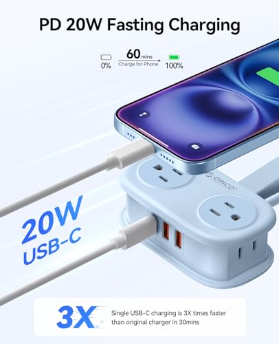 ORICO Travel Power Strip PD20W with 4 AC Outlets 3 USB Ports (1 USB-C) - color: Blue