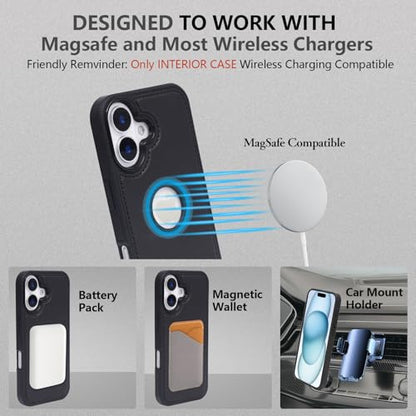 2 in 1 PU Leather for iPhone 16 Leather Case, Detachable Wallet Case with Card Holder, Removable Flip Folio Cover with RFID Blocking, Stand Shockproof Phone Cover（Compatible with MagSafe） Black - color: Black, size: Iphone 16