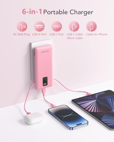 charmast Portable Charger Power Bank Built in Cables,10000mAh Battery Pack | with AC Wall Plug,LED Display & 5 Outputs,Travel Camping Essentials Slim External Phone Charger for iPhone,Samsung,Android - color: Pink