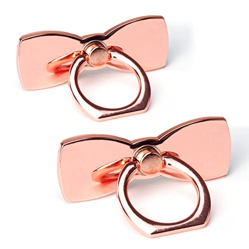 [2 Pack] Sparkling Bowtie Ultra-thin Cell Phone Ring Holder Stand,360 Degree Rotation and 180 Degree Adjustable Finger Ring Kickstand with Polished Metal Phone Grip (Rose Gold)