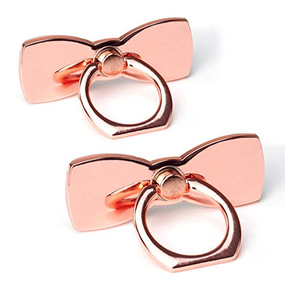 [2 Pack] Sparkling Bowtie Ultra-thin Cell Phone Ring Holder Stand,360 Degree Rotation and 180 Degree Adjustable Finger Ring Kickstand with Polished Metal Phone Grip (Rose Gold)