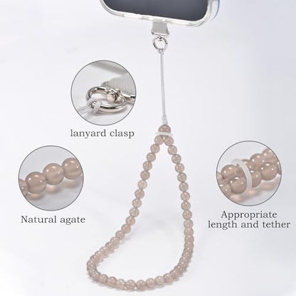 Agate Beaded Phone Wrist Strap for Women Men Stone Beads Charm Handmade Cellphone Chain Lanyard with Tether Tab - color: Grey-2, size: 6mm Beads