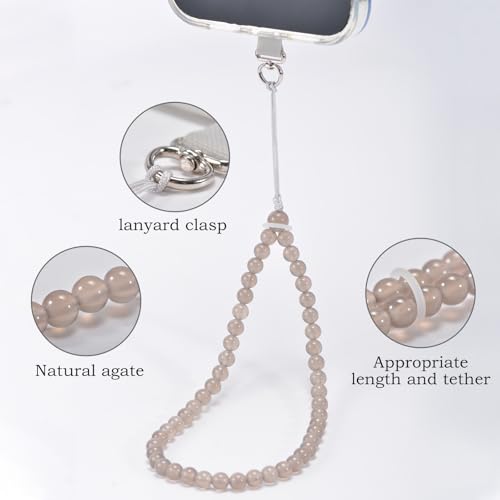 Agate Beaded Phone Wrist Strap for Women Men Stone Beads Charm Handmade Cellphone Chain Lanyard with Tether Tab - color: Grey-2, size: 8mm Beads