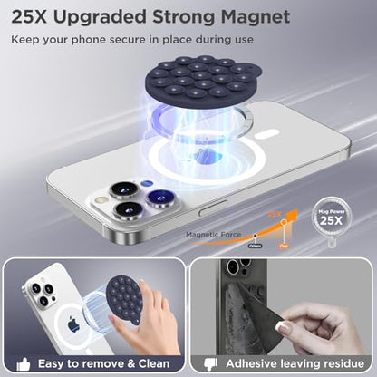 Magnetic Suction Cup Phone Mount with MagSafe, Silicone Hands-Free Grip Holder for iPhone Case and Android, Mirror Shower Phone Stand for Makeup FaceTime Gym Kitchen Bathroom, Midnight Blue - color: Midnight Blue