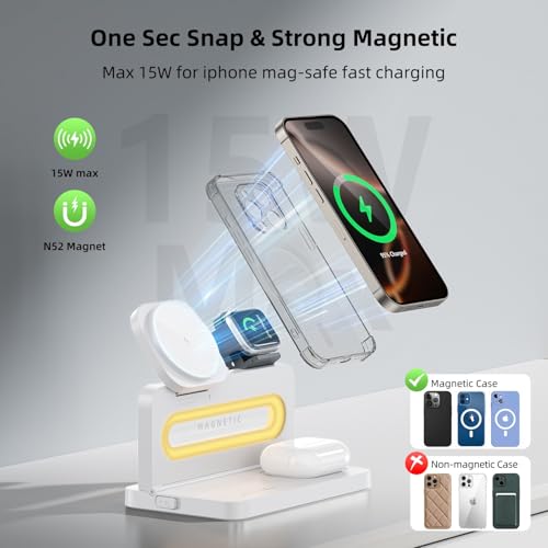 3 in 1 Wireless Charging Station for Apple MagSafe Charger,Magnetic Wireless Charger Stand for iPhone 16 15 14 13 12,Foldable Nightstand Charging Dock for Apple Devices iWatch,AirPods with Night Light - color: White