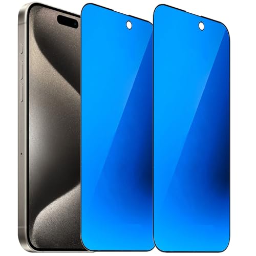 2 Pack Anti-Blue Privacy Tempered Glass for iPhone 15 Pro Mirror Anti-Spy Screen Protector Anti-Peeping Film Electroplated Blue 6.1 inch - size: For iPhone 15 Pro