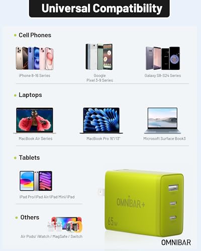 65W USB C Charger Block, 3-Port GaN Fast Wall Charger, Green - color: Lime Green