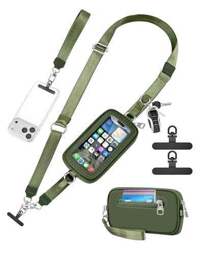 SHANSHUI Clip and Go Phone Strap Wallet Crossbody Phone Lanyard, Detachable Wristlet Strap with Zipper Phone Screen ID Window, 2 Pcs Metal Tether Pads Compatibe for iPhone & Most Smartphones Green - color: Green