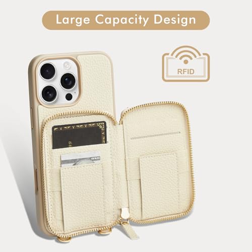 LAMEEKU Compatible with iPhone 16 Pro Case Wallet with Card Holder, Zipper Leather Crossbody Case with Phone Grip Holder Stand Wrist Strap for Women 6.3 inch Beige - color: Beige, size: iPhone 16 Pro 6.3''