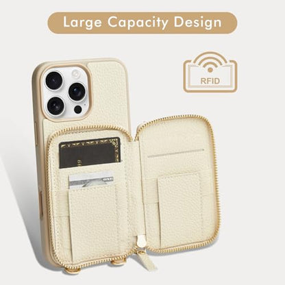 LAMEEKU Compatible with iPhone 16 Pro Case Wallet with Card Holder, Zipper Leather Crossbody Case with Phone Grip Holder Stand Wrist Strap for Women 6.3 inch Beige - color: Beige, size: iPhone 16 Pro 6.3''