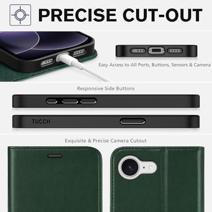TUCCH Wallet Case for iPhone 17e & 16e (6.1"), 4 Card Slots, Evergreen | RFID Blocking, Viewing Stand, Shockproof TPU Shell, PU Leather, Magnetic Closure, Protective Folio Flip Cover - color: Evergreen