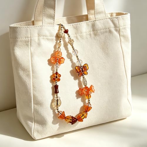 Cute Beaded Camera Wrist Strap for Phone, Digital Camera Charm Lanyard, Pearl Beaded Chain for Bag Keychain Gift - color: Brown Butterfly