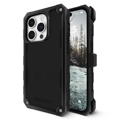 Pelican Shield iPhone 15 Pro Max Case -MagSafe Phone Case -Brushed Aluminum | Magnetic Phone Case w/21ft Military Grade Drop Protection - Phone Cover w/ Belt Clip Holster Kickstand for iPhone 15 Pro Max - color: Shield Brushed Aluminum, style: MagSafe
